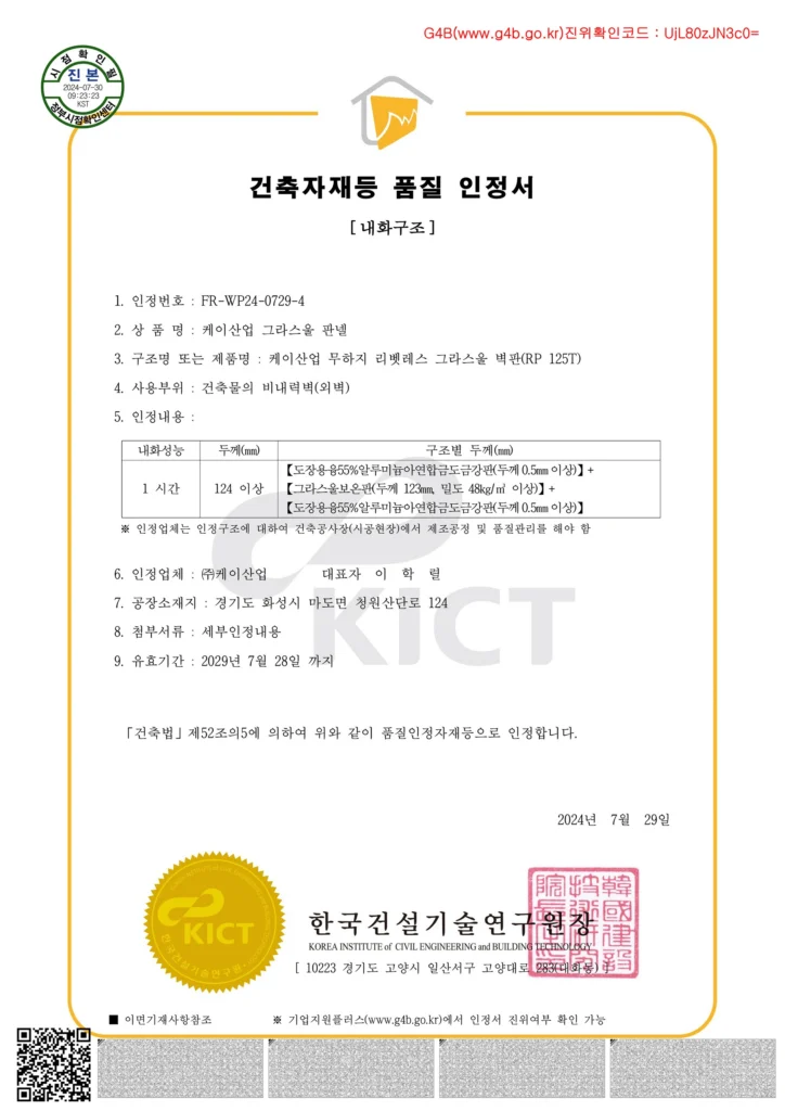 Glass Wool Fire-Resistant Structure Certification – 1 Hour (Interior Wall)