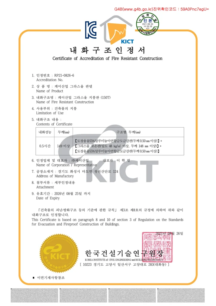 Glass Wool Fire-Resistant Structure Certification – 30 Minutes (Roof)