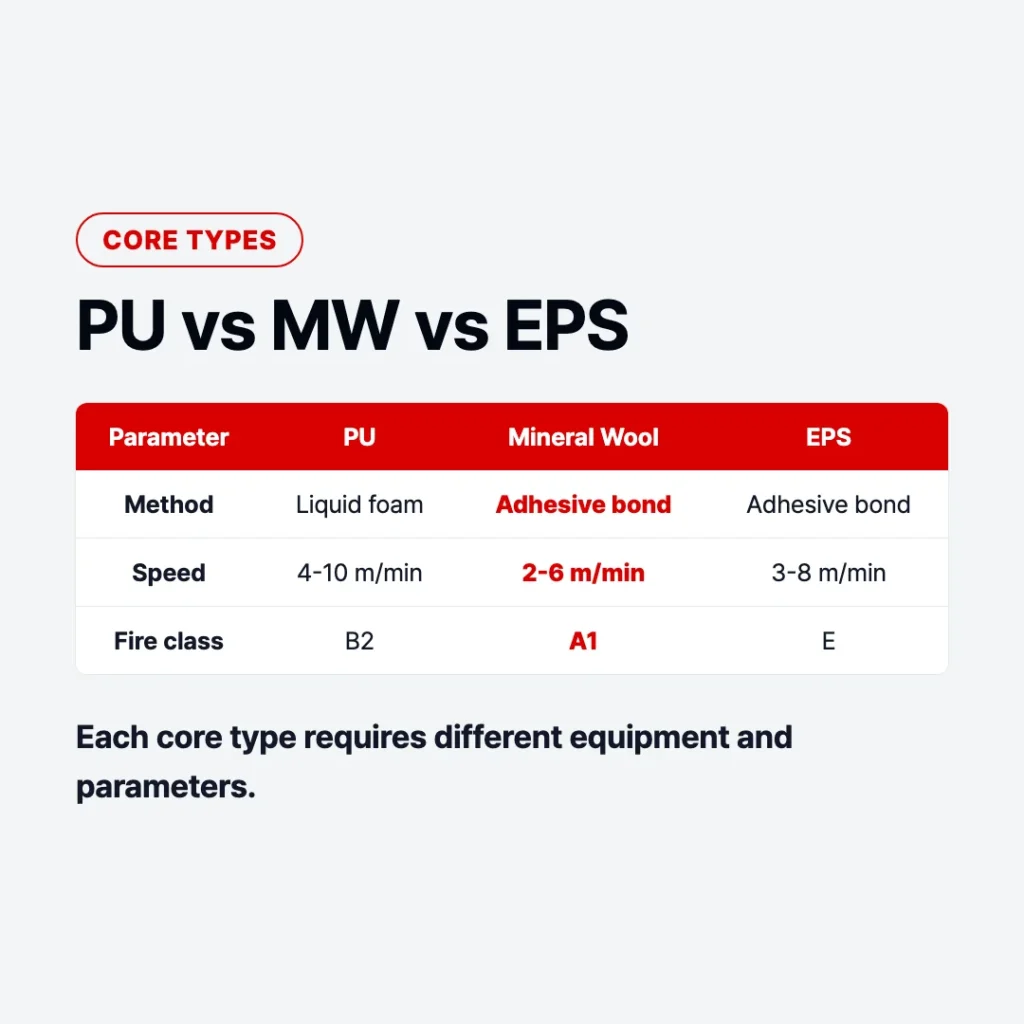 Comparison of PU, mineral wool, and EPS sandwich panel core types